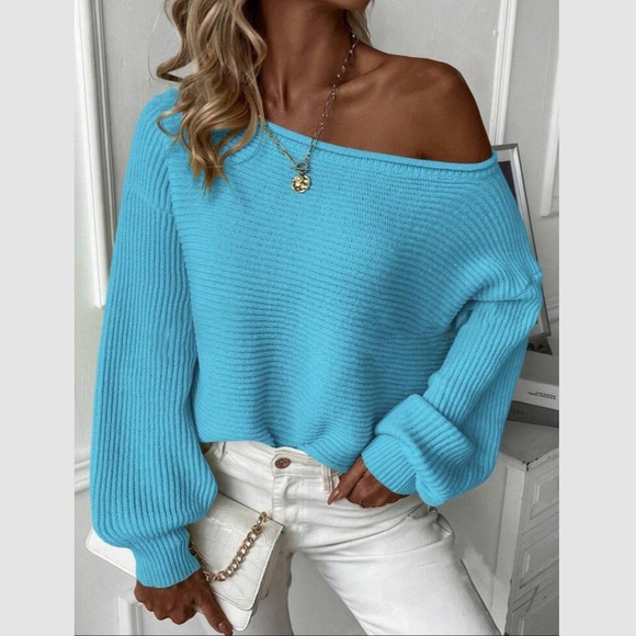 Luxe green off shoulder knit sweater top - Picture 3 of 8